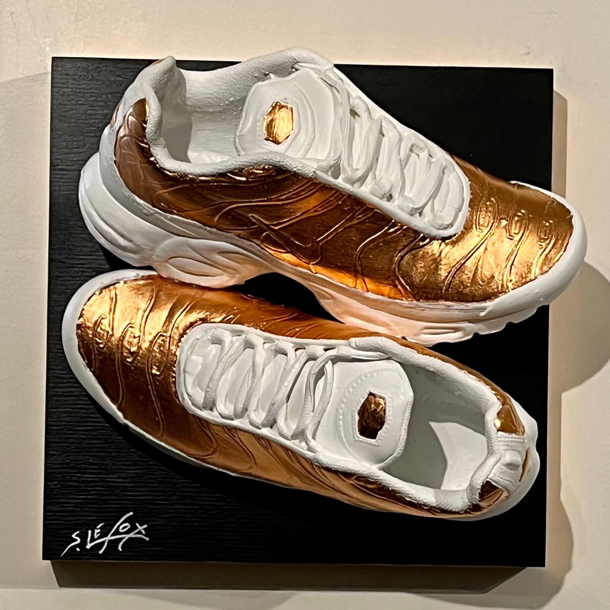 COPPER TUNED</br>Acrylic and copper leaf on Nike Air Max Tuned, wooden box 30 X 30 X 20 SBG 