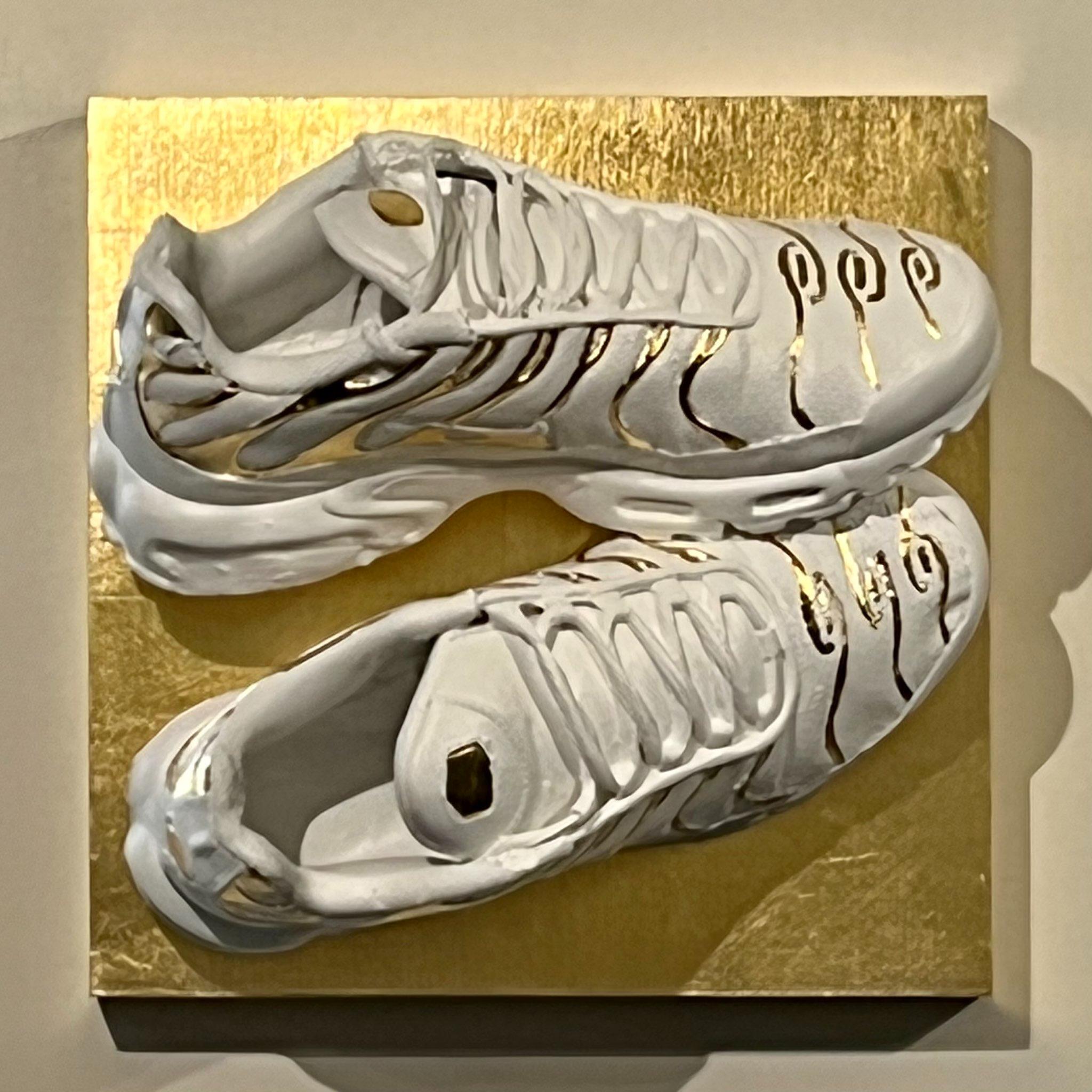 GOLDEN CAGE</br>Acrylic and gold leaf on Nike Air Max Tuned, wooden box 30 X 30 X 20 SD