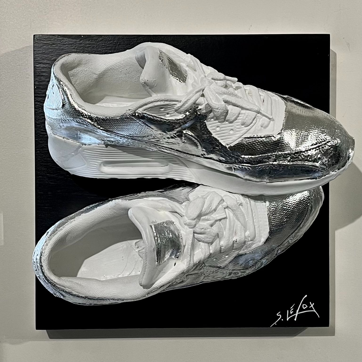 SILVER 90'</br>Acrylic and silver leaf on Nike Air Max 90, wooden box 30 X 30 X 20 SBD