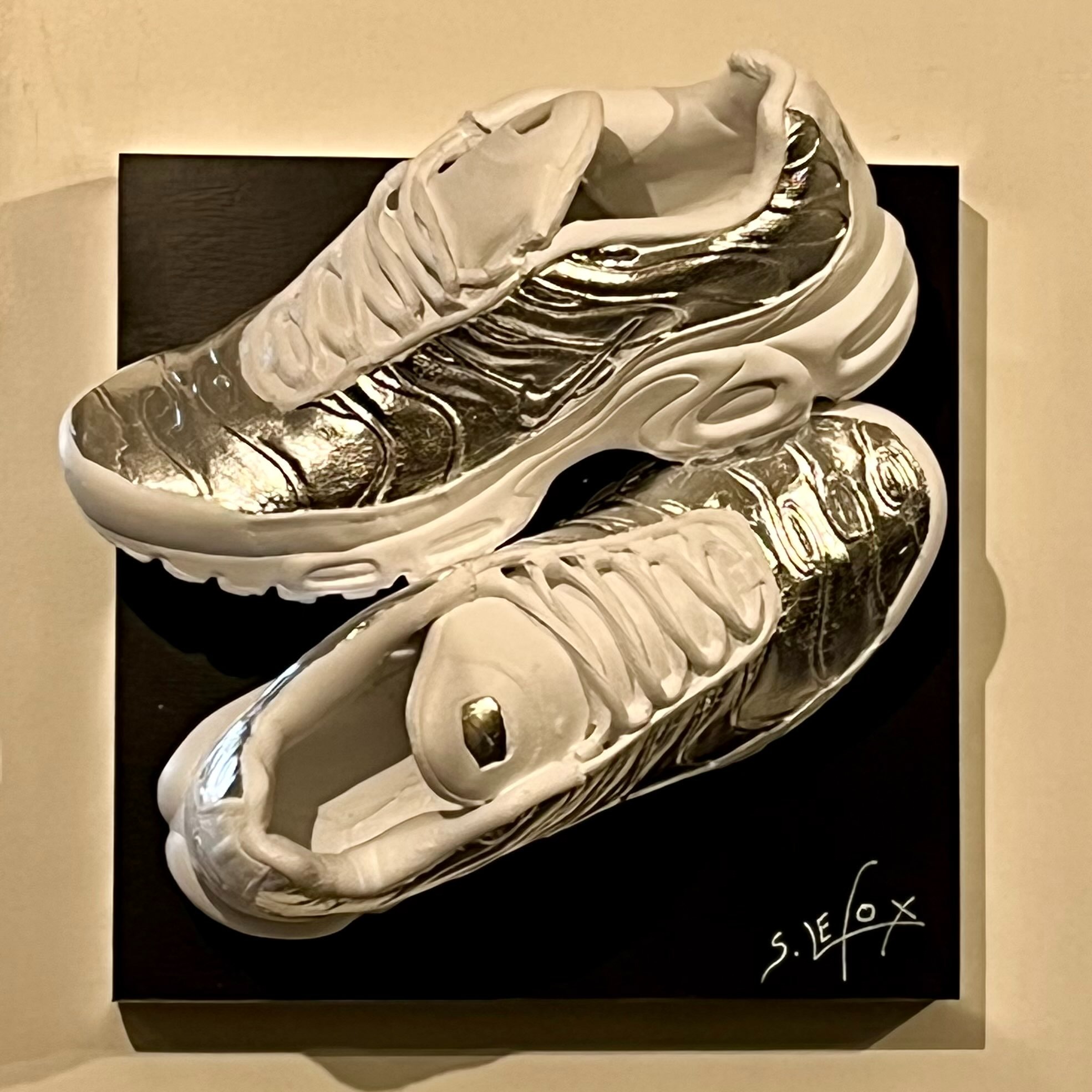 SILVER TUNED</br>Acrylic and silver leaf on Nike Air Max Tuned, wooden box 30 X 30 X 20 SBD